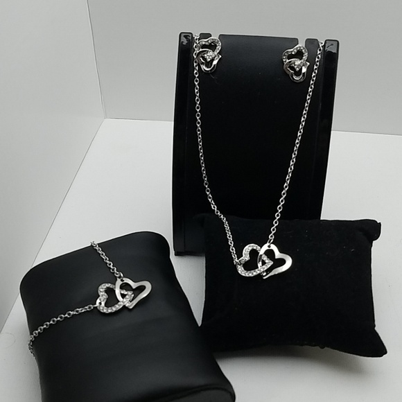 Silver Tone Heart Rhinestone 3 pc Set - Picture 1 of 4